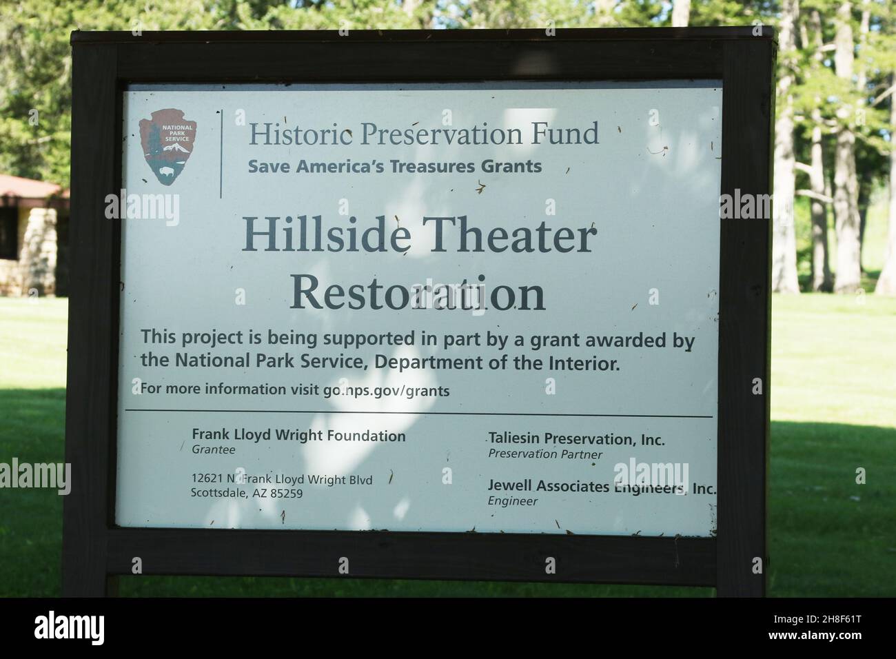 Sign denoting the Hillside Theater Restoration supported by the National Park Service Historic Preservation Fund. Hillside Home School. Architecture a Stock Photo