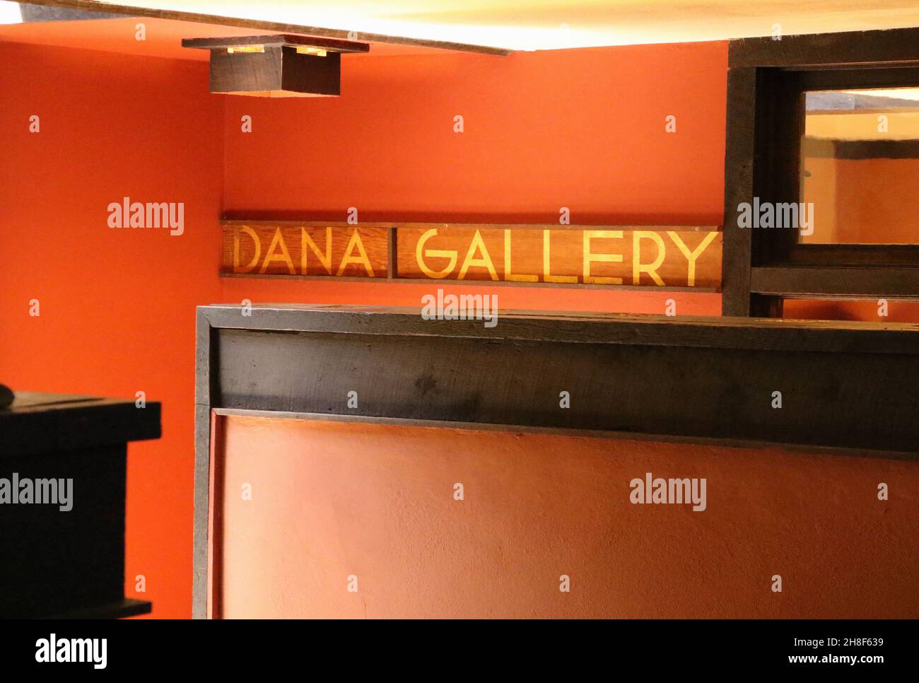 Dana Gallery sign. Hillside Home School interior. Architecture and decor design by Frank Lloyd Wright. Frank Lloyd Wright Foundation. Taliesin Preserv Stock Photo
