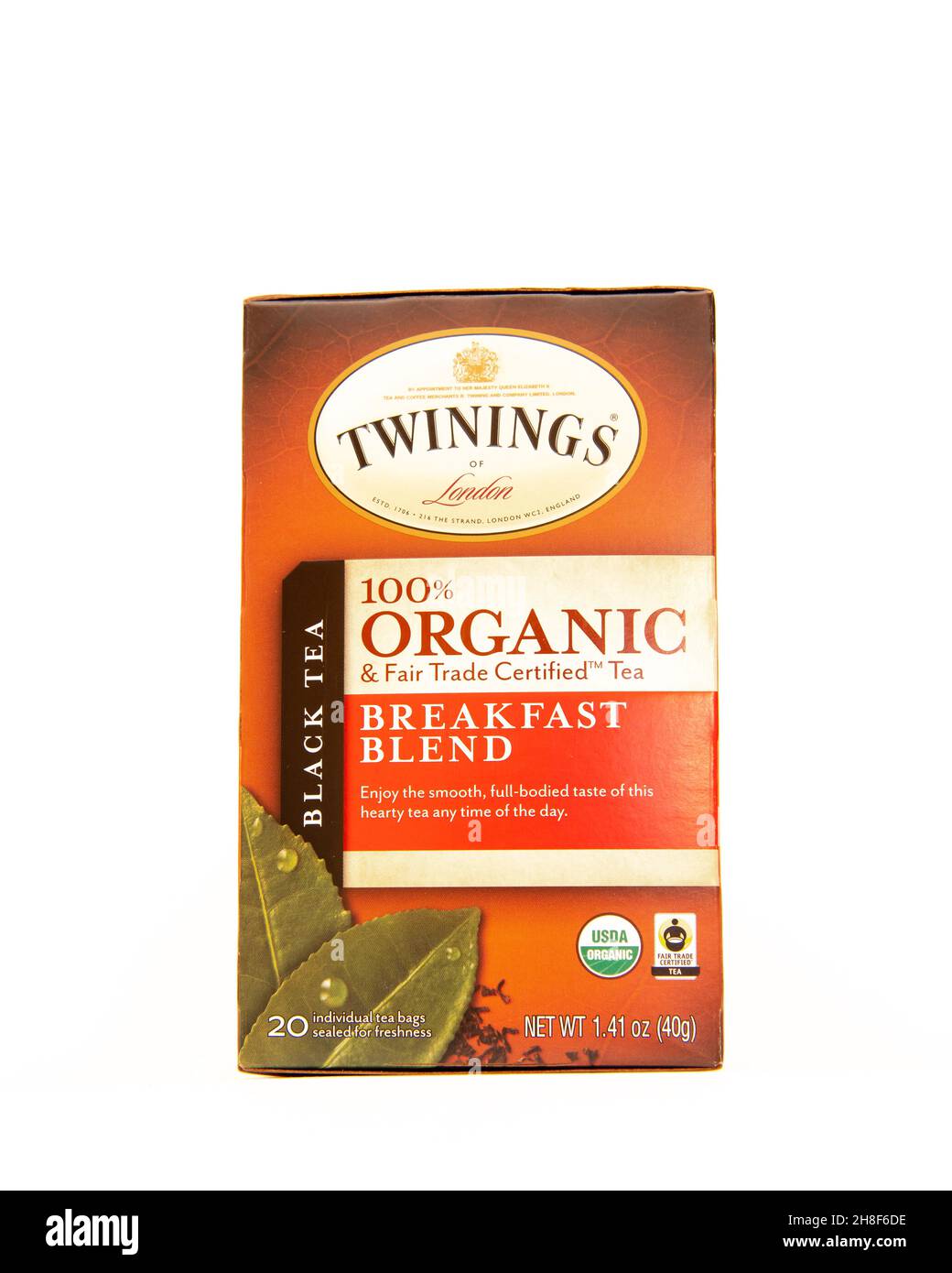 A box of 20 Twinings of London's 100% organic breakfast blend tea bags Stock Photo