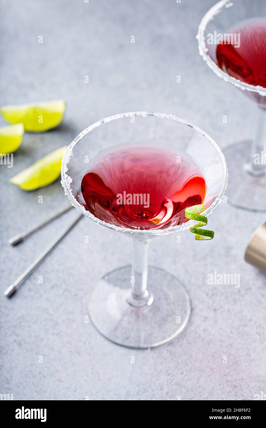 Traditional Cosmopolitan martini with sugar rim and garnish Stock Photo
