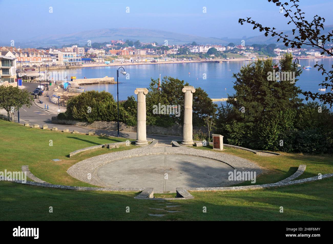 View from Prince Albert Gardens with its mock Roman ampitheatre overlooking the town and coastline of Swanage, Isle of Purbeck, Dorset, England, UK Stock Photo