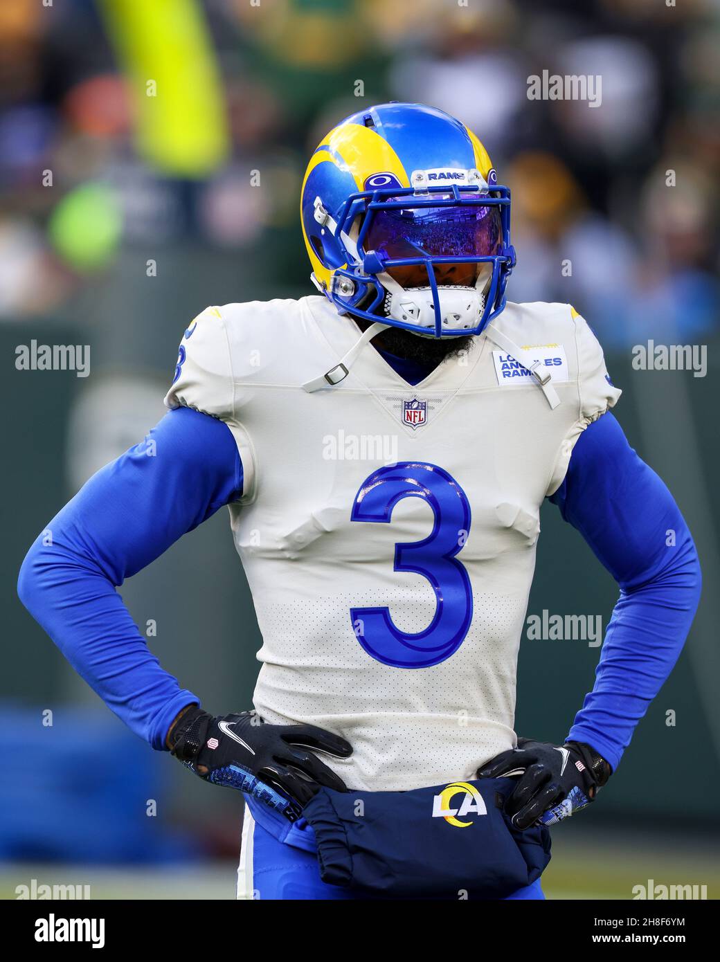 November 28, 2021: Los Angeles Rams wide receiver Odell Beckham Jr. (3)  warming up during pregame of the NFL football game between the Los Angeles  Rams and the Green Bay Packers at