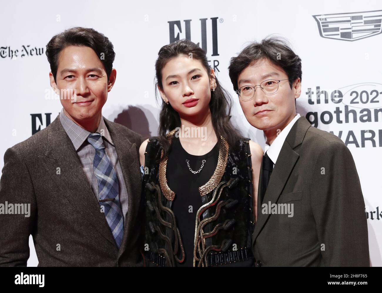New York, United States. 29th Nov, 2021. Lee Jung-jae, Jung Ho-yeon and Hwang Dong-hyuk arrive on the red carpet at the 2021 Gotham Awards presented by The Gotham Film & Media Institute at Cipriani Wall Street in New York City on Monday, November 29, 2021. Photo by John Angelillo/UPI Credit: UPI/Alamy Live News Stock Photo