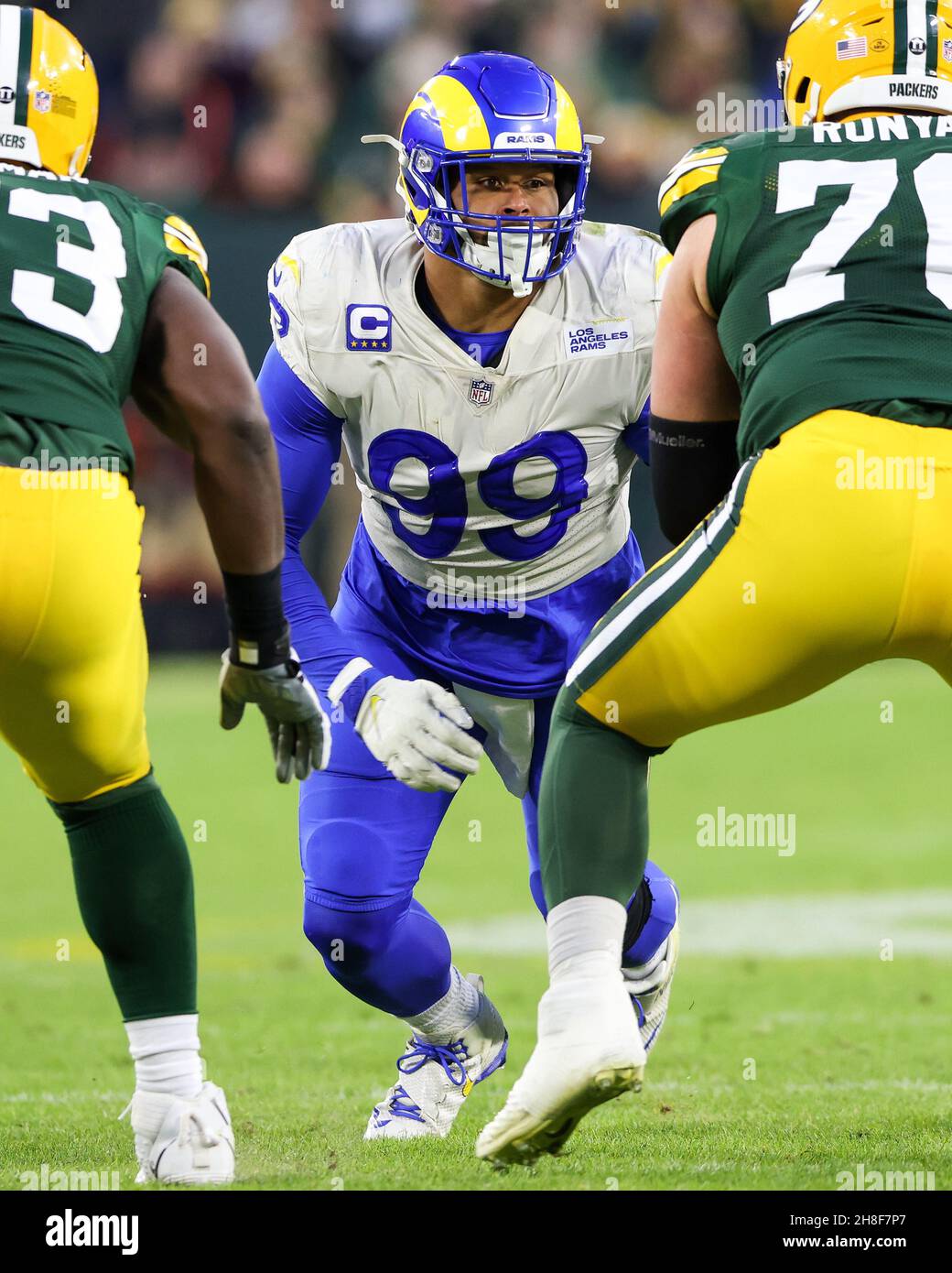 November 28, 2021: Los Angeles Rams defensive end Aaron Donald (99) running  onto the field during the NFL football game between the Los Angeles Rams  and the Green Bay Packers at Lambeau