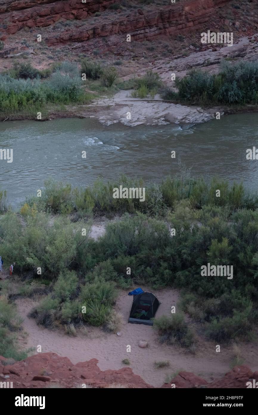 Backcountry tent camping along the San Juan River in Bears Ears