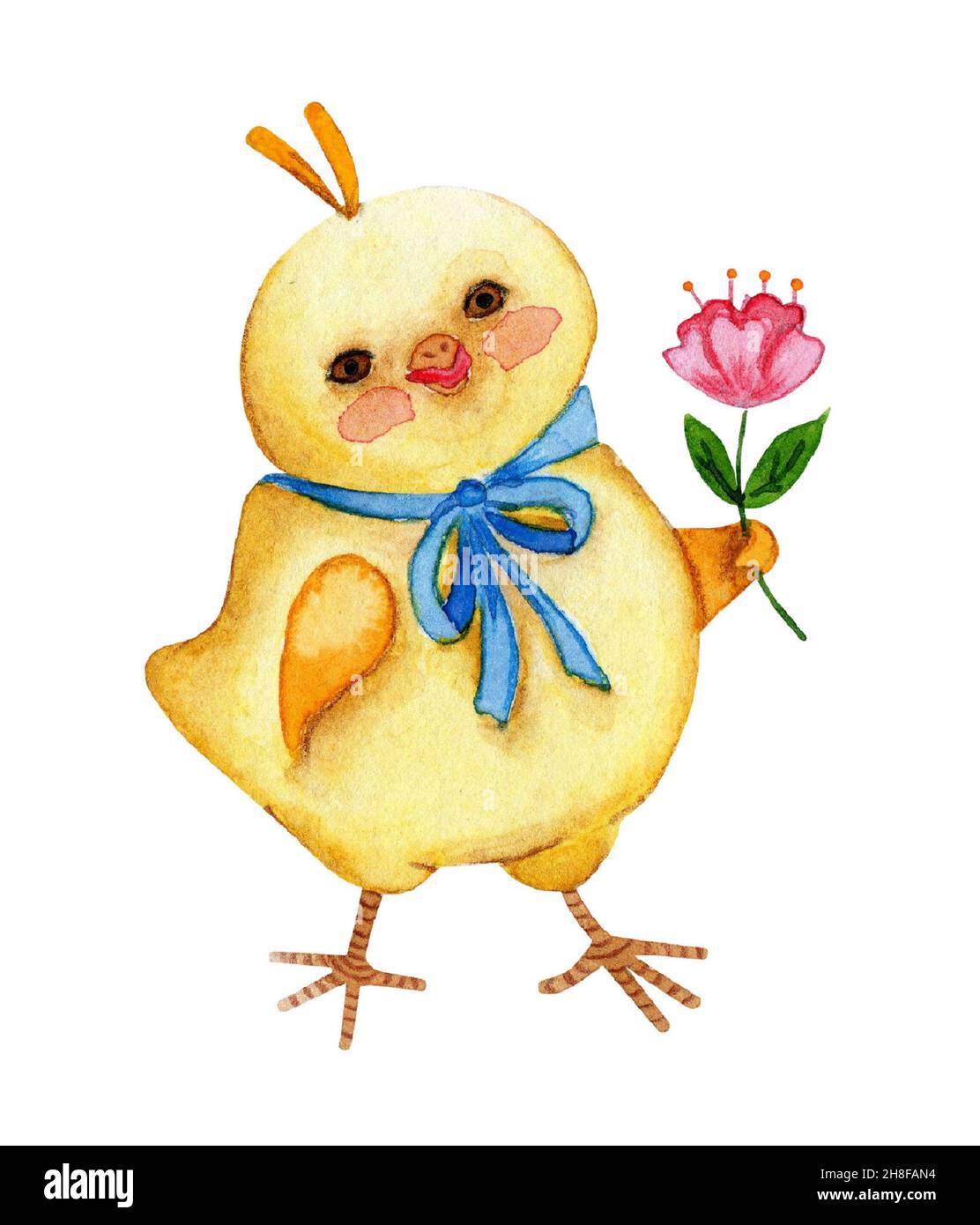 Watercolor illustration of a cute little yellow chicken with a blue bow and a flower in hand. Chicken drawing for children. Easter, religion, traditio Stock Photo