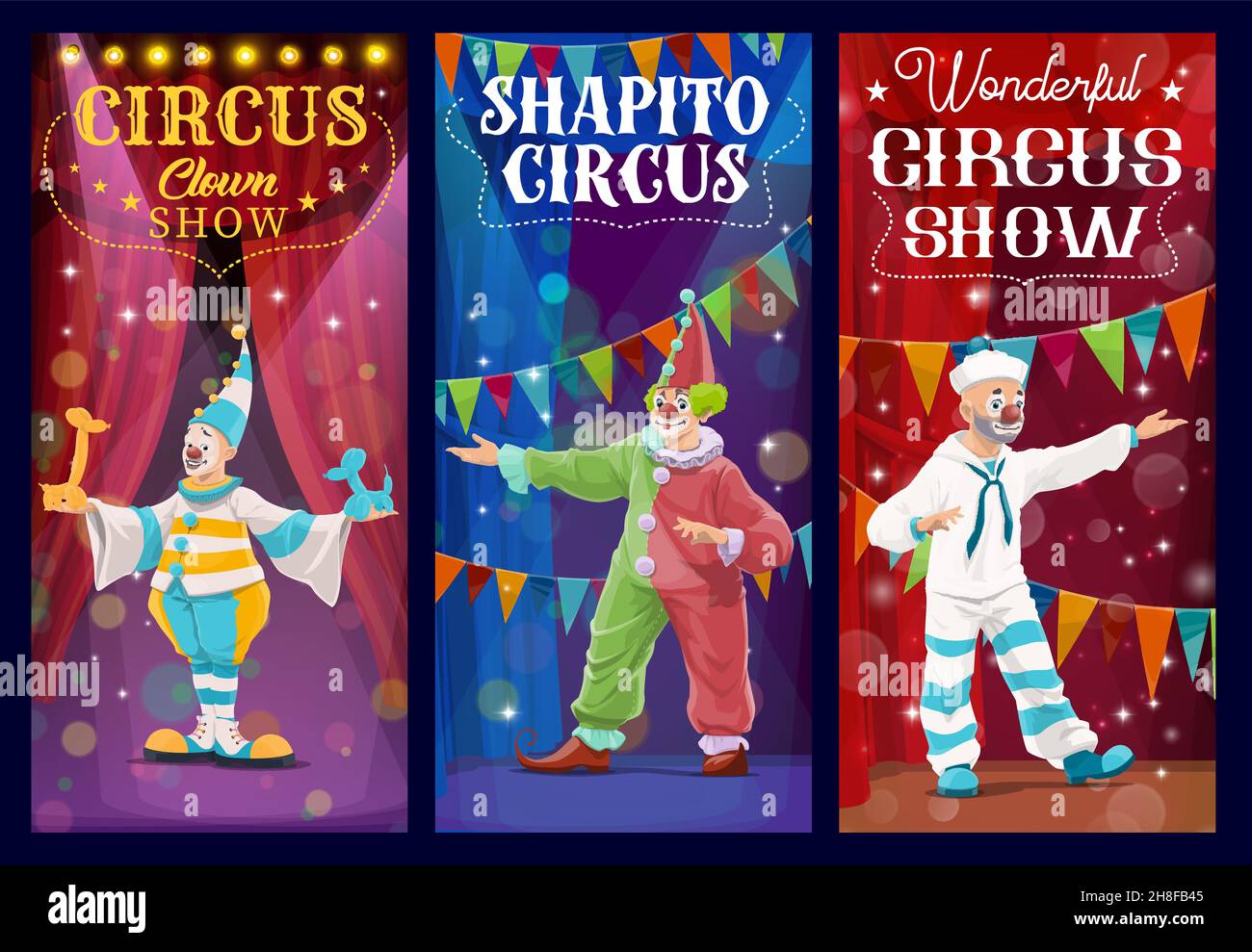 Shapito circus clowns and harlequin characters. Cartoon vector funsters ...
