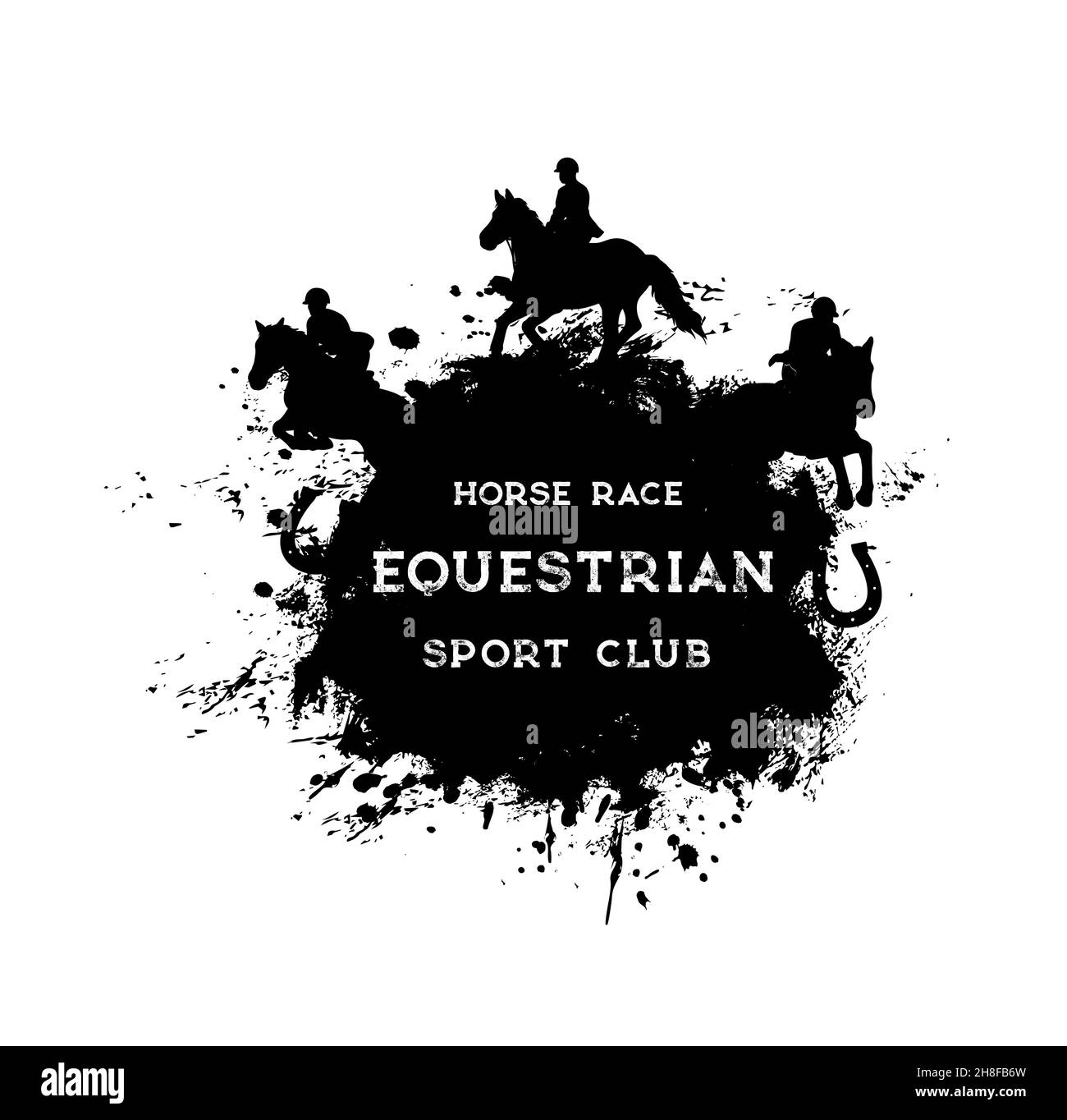 Horse racing, riding and polo, equestrian sport grunge vector banner. Equine races sport emblem of horse racing tournament. Jockey polo or steeplechas Stock Vector