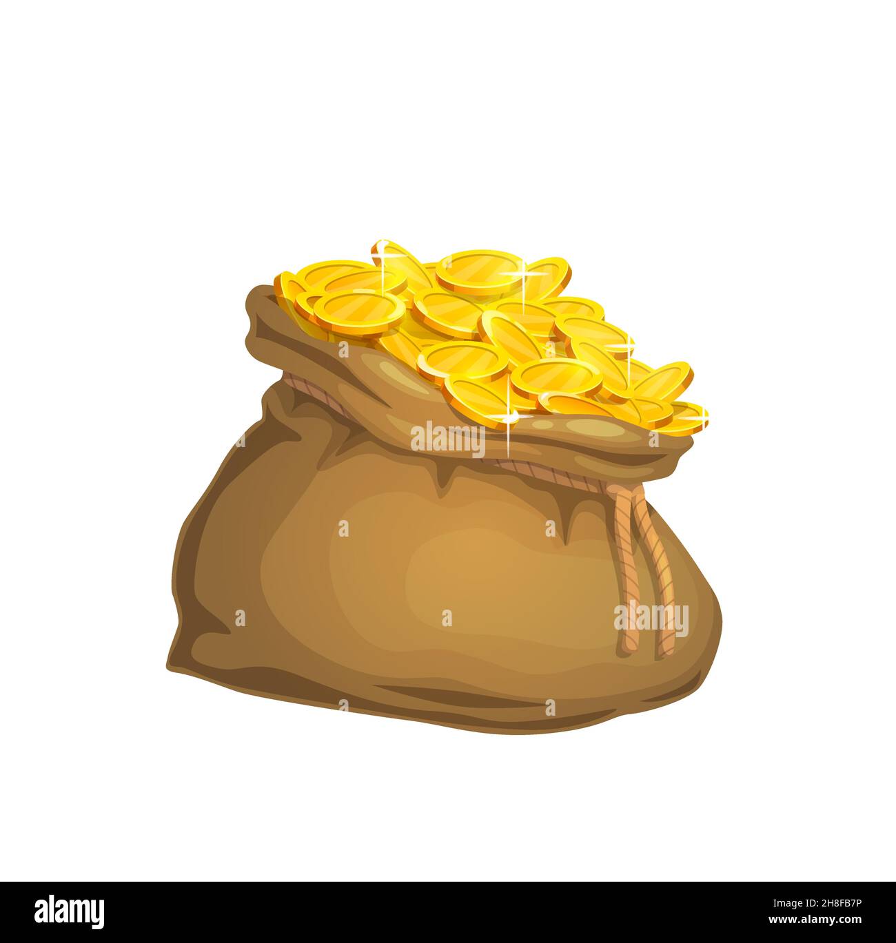 Cartoon treasure bag with gold coins. Vector isolated money bag, old sack or ancient purse with rope full of golden cash and currency. Game prize, ric Stock Vector