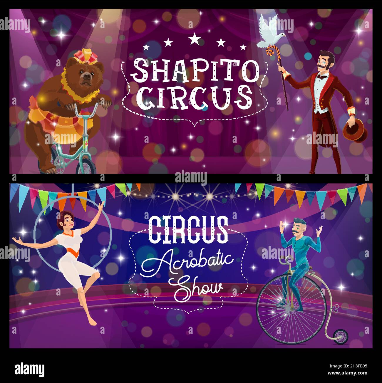 Shapito circus acrobat on unicycle, trained bear and magician ...