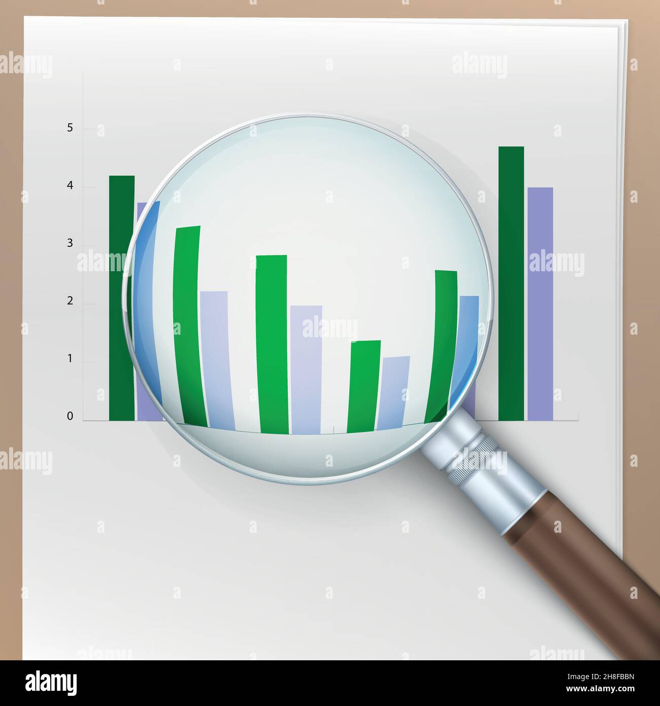 Growth histogram behind a magnifying glass. Stock Vector