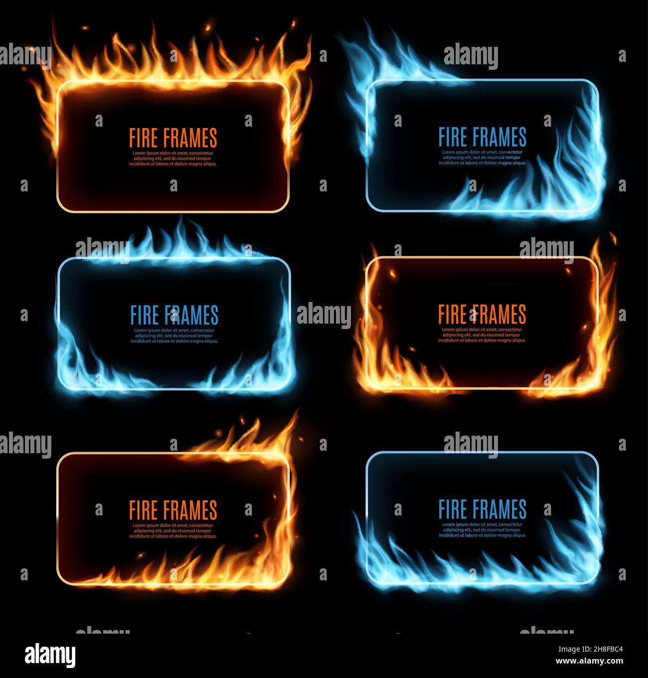 Gas and fire flames, burning frames, vector rectangular borders with