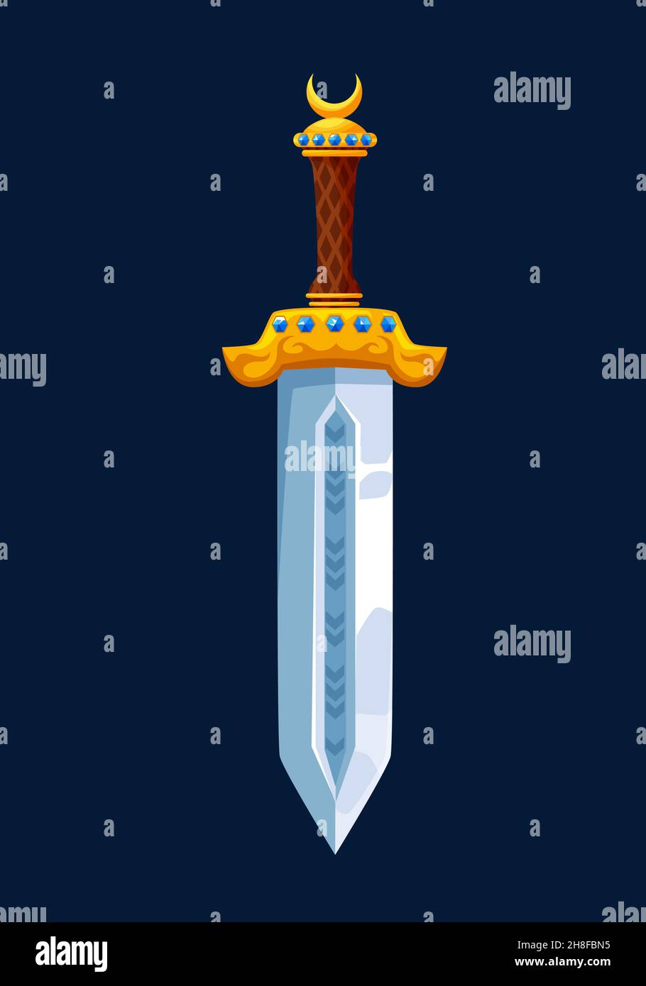 Magical cartoon steel sword blade with golden hilt, vector warrior ...