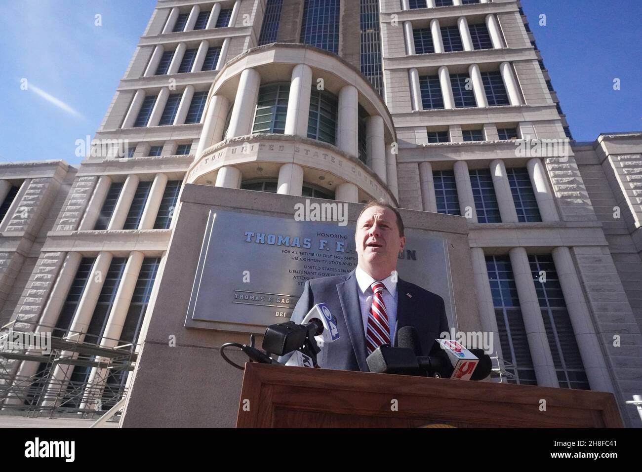 St. Louis, United States. 29th Nov, 2021. Missouri Attorney General Eric Schmitt makes his remarks after it was announced a federal judge has halted President Joe Biden's federal vaccine mandate at the Thomas Eagleton Federal Courthouse in St. Louis on Monday, November 29, 2021. The ruling will affect thousands of health care workers in 10 states. Under the federal rule, workers are to receive their first dose by Dec. 6 and their second shot by Jan. 4. Similar lawsuits also are pending in other states. Photo by Bill Greenblatt/UPI Credit: UPI/Alamy Live News Stock Photo