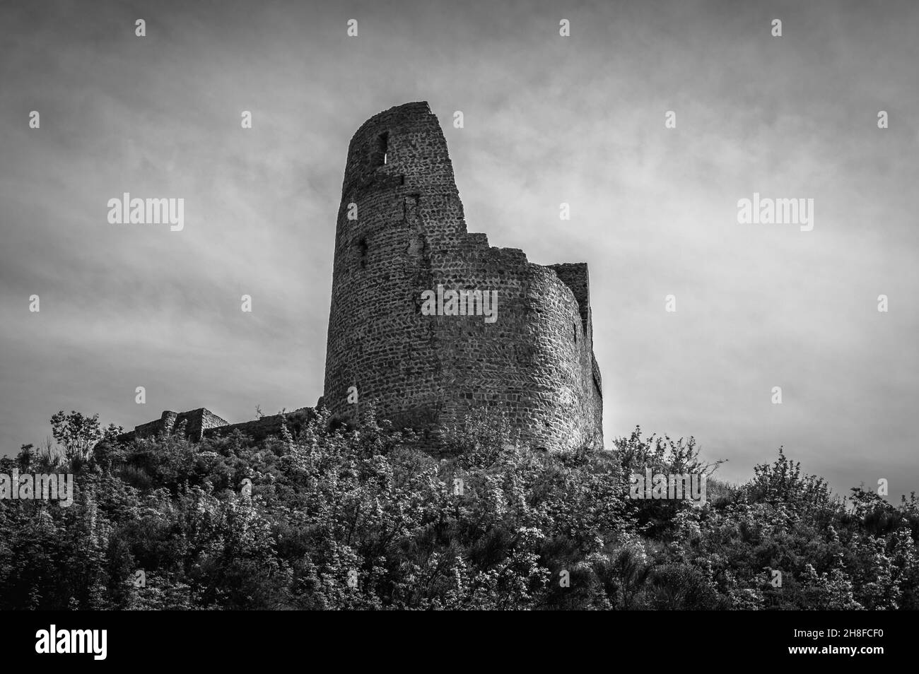 Ruins of a medieval cathedral against cloudy skies in the city of Mtskheta, Georgia. Black and white. Stock Photo