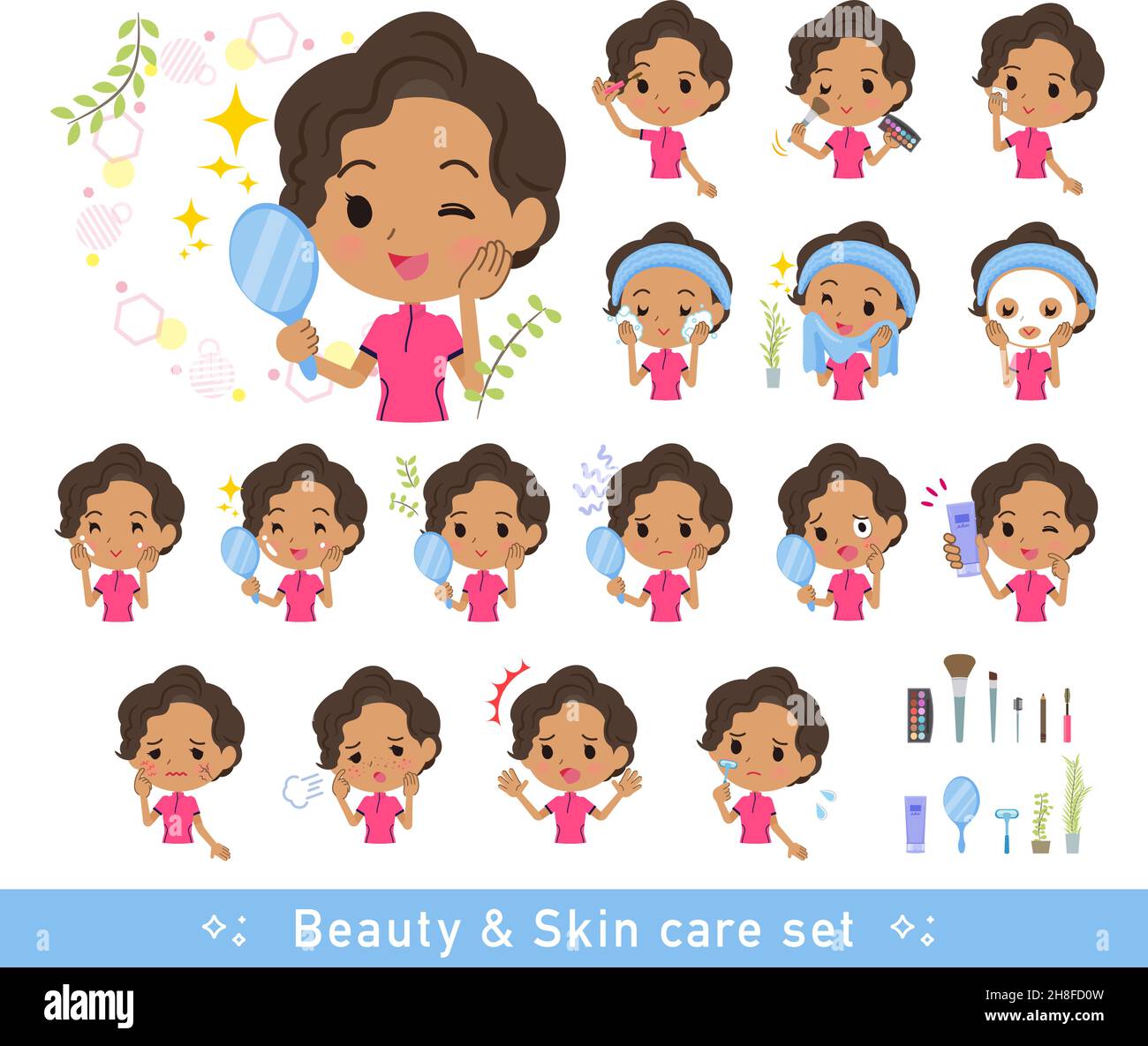 A set of African-American women in sportswear on beauty.There are various actions such as skin care and makeup.It's vector art so easy to edit. Stock Vector