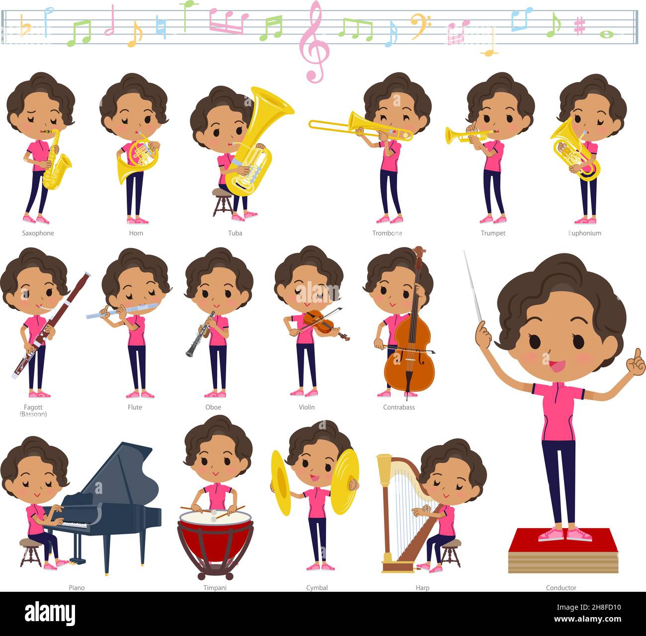 A set of African-American women in sportswear on classical music performances.It's vector art so easy to edit. Stock Vector