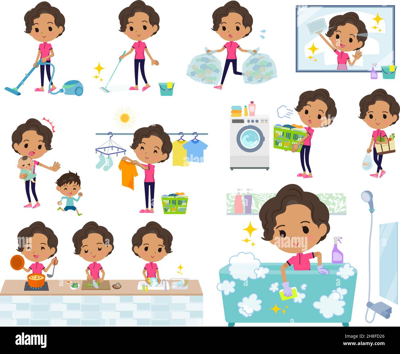 A set of African-American women in sportswear related to housekeeping such as cleaning and laundry.It's vector art so easy to edit. Stock Vector