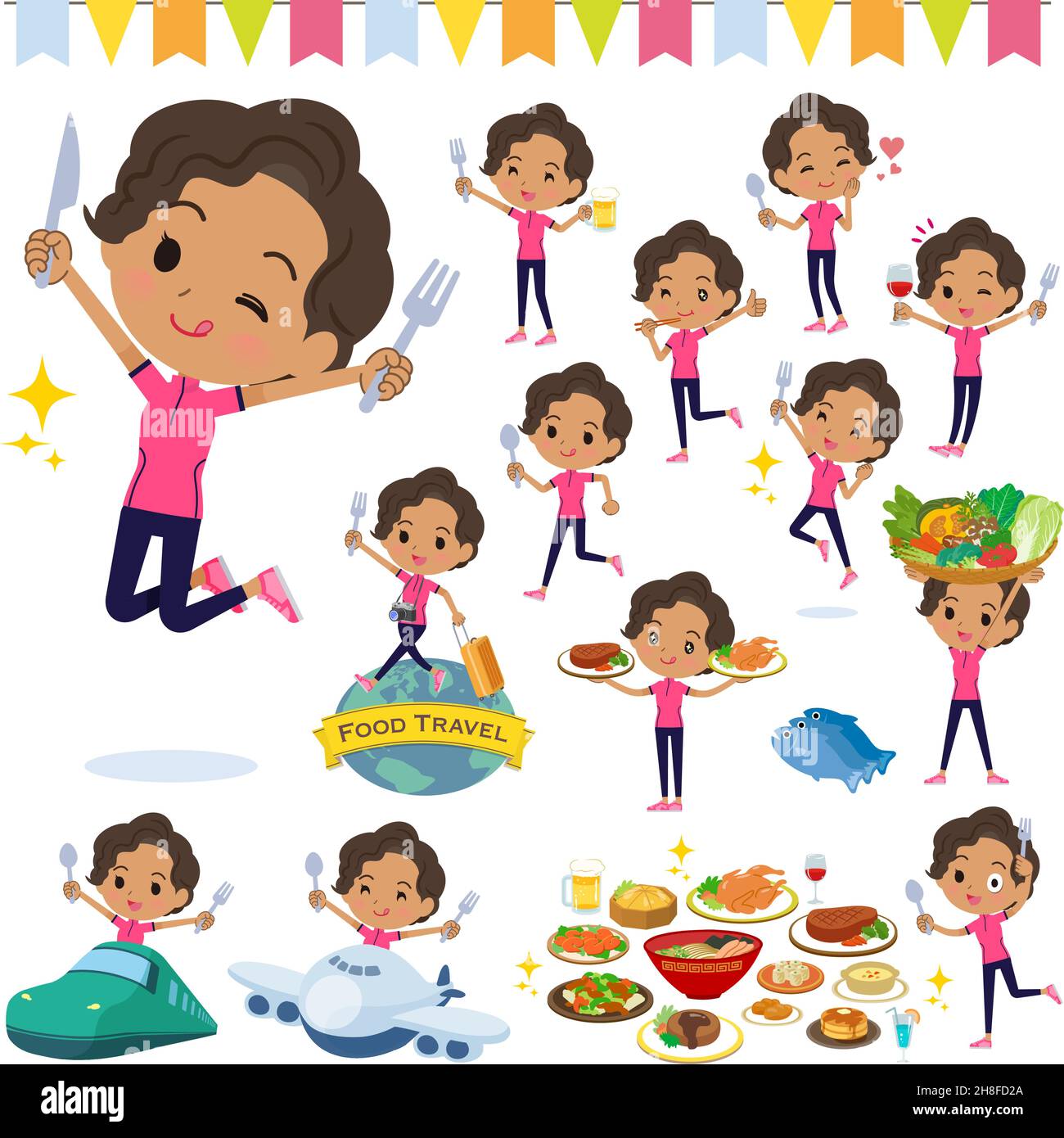 A set of African-American women in sportswear on food events.It's vector art so easy to edit. Stock Vector