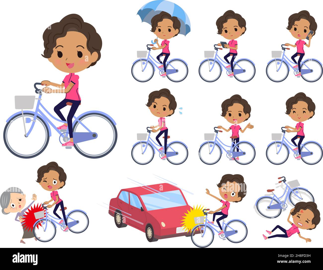A set of African-American women in sportswear riding a city cycle.It's vector art so easy to edit. Stock Vector