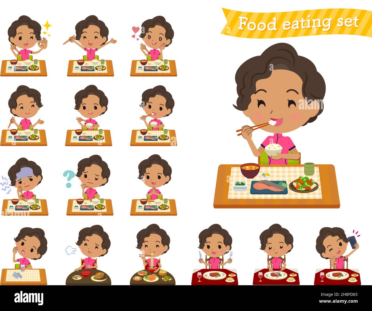 A set of African-American women in sportswear about meals.It's vector art so easy to edit. Stock Vector
