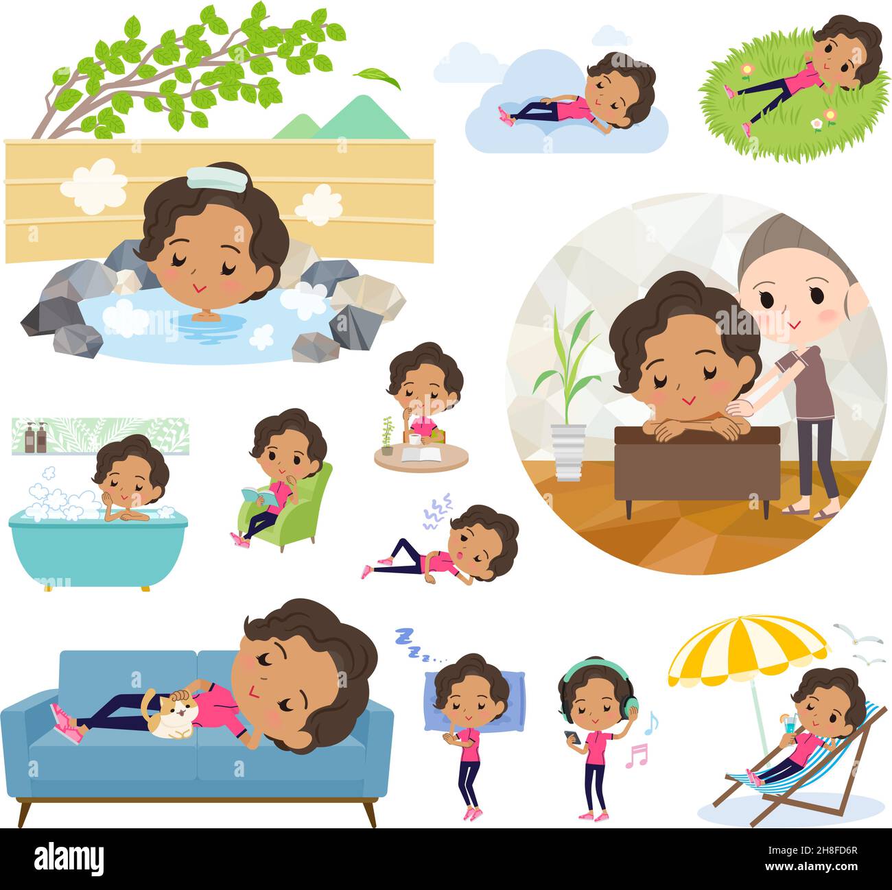 A set of African-American women in sportswear about relaxing.It's vector art so easy to edit. Stock Vector