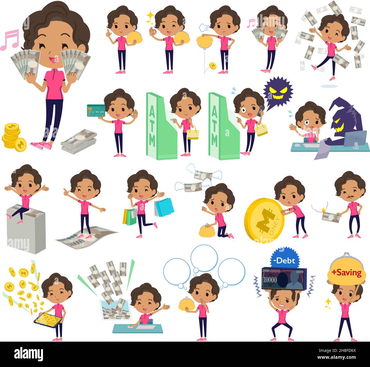 A set of African-American women in sportswear with concerning money and economy.It's vector art so easy to edit. Stock Vector