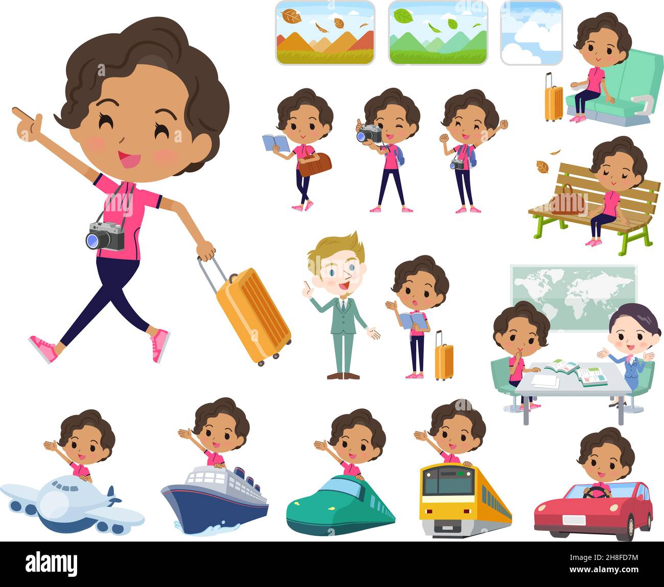 A set of African-American women in sportswear on travel.It's vector art so easy to edit. Stock Vector