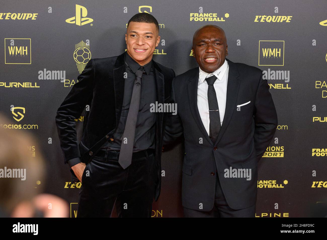 Kylian Mbappe and his father Wilfried Mbappe attend the Ballon d'Or ceremony held at Theatre Du Chatelet on November 29, 2021 in Paris, France. Photo by Laurent Zabulon/ABACAPRESS.COM Stock Photo