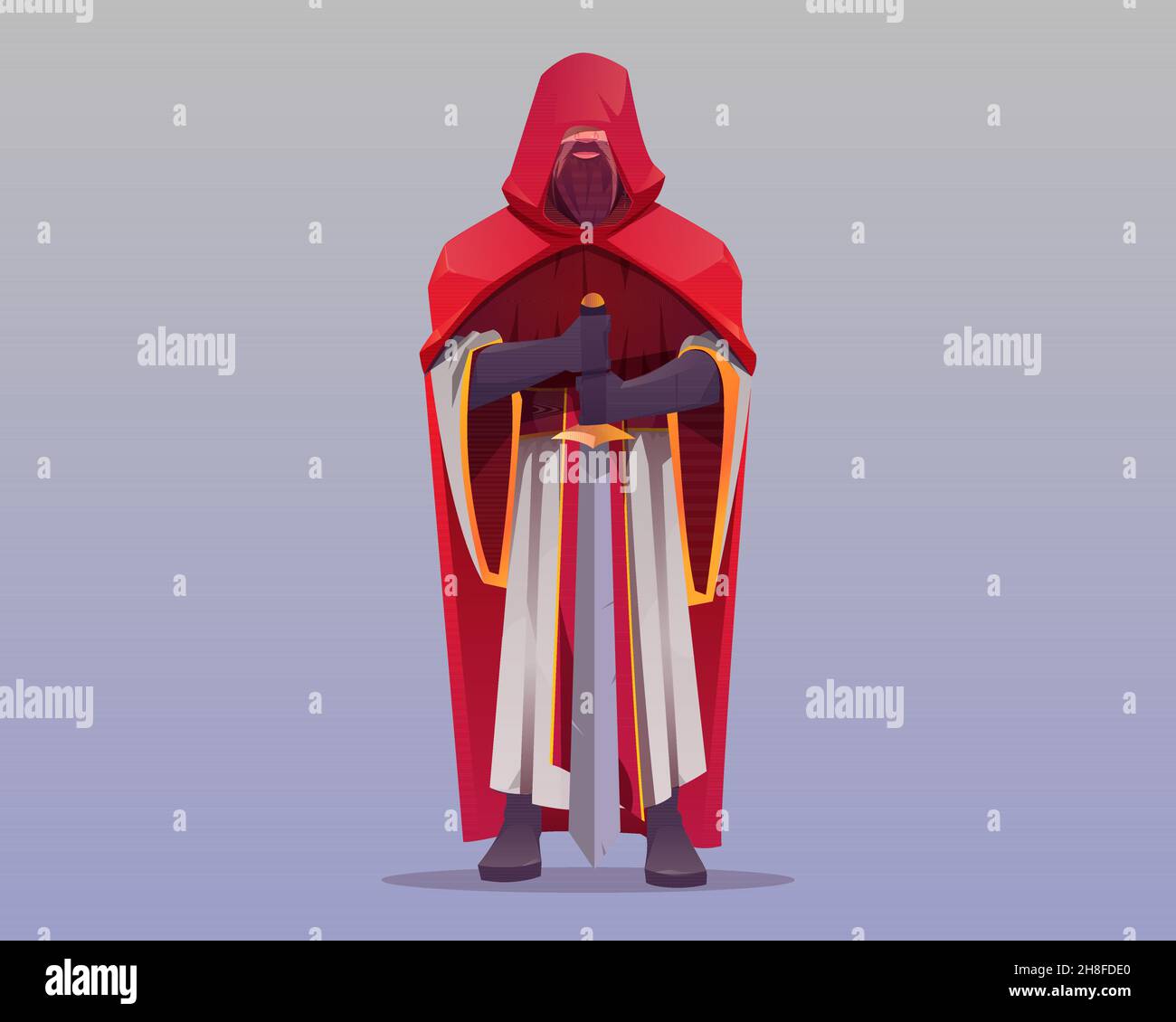 Ancient warrior, medieval knight, heraldic soldier with sword, guard with blade in long robe and red cape covering his eyes, royal fighter cartoon character, game or book personage Vector illustration Stock Vector