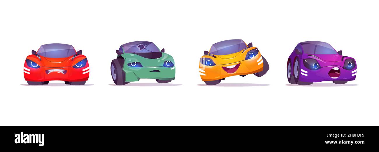Cartoon car characters express happy or sad emotions, cute automobile emoticons with smiling face, unhappy transport with broken windshield isolated on white background, Vector illustration, icons set Stock Vector