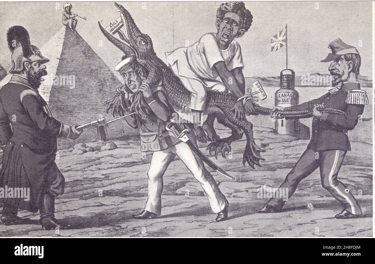 Les Anglais en Egypte.Caricature italienne tirée du journal italien ''Il Papagallo'' ( le perroquet)Un soldat anglais dont la sacoche est remplie d'or Stock Photo