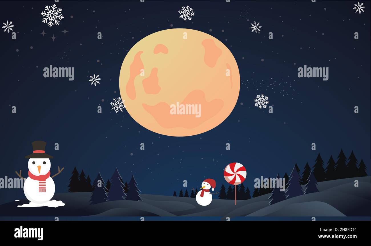 big and small snowman in the moon night during Christmas Stock Vector