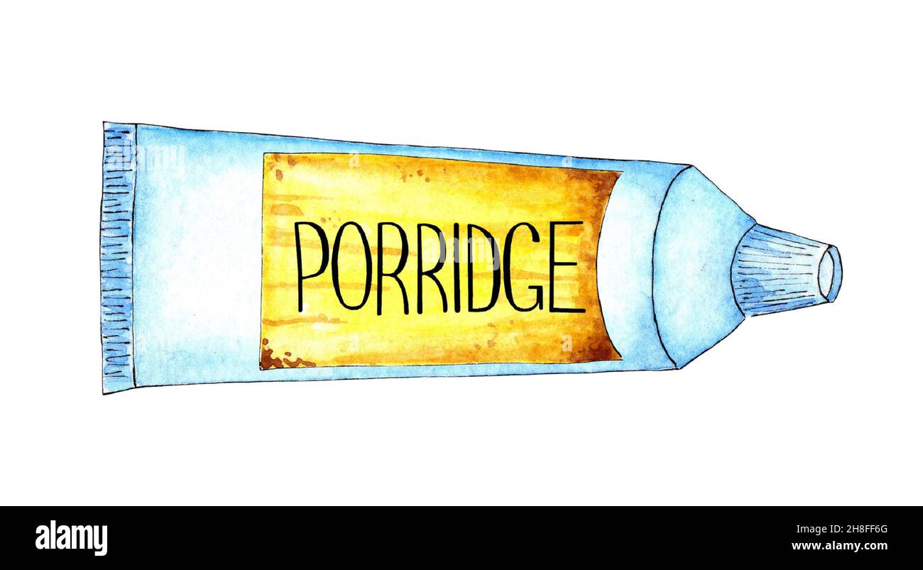 Watercolor illustration of a white tube with a yellow label and porridge on it. Space food, food for astronauts, is in zero gravity. Porridge in a tub Stock Photo