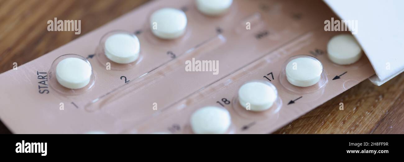 Women contraceptive hormonal birth control pills closeup Stock Photo