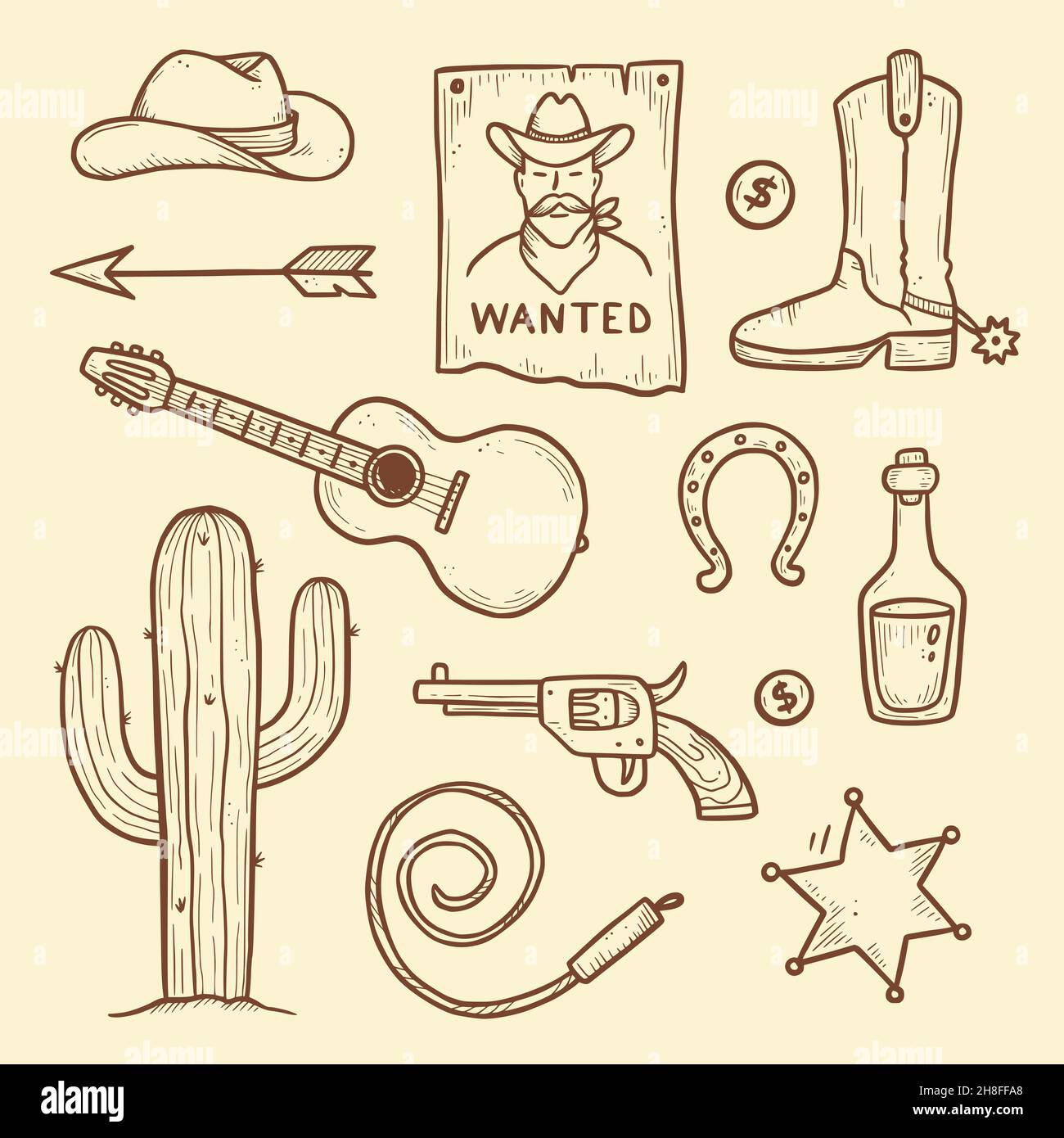 Cowboy western doodle set. Hand drawn sketch line style. Cowboy hat, cow skull, gun, cactus element. Wild west vector illustration. Stock Vector