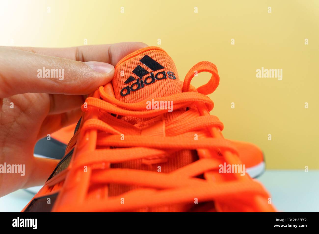 Tyumen, RussiaNovember 13, 2021 Adidas logo on running shoes. Adidas