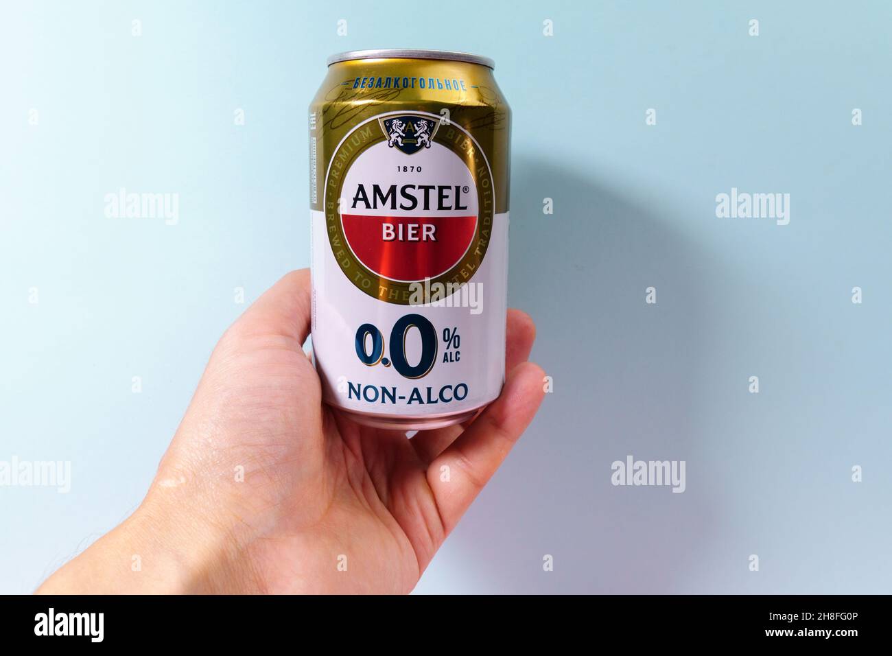 Tyumen, Russia-October 15, 2021: Amstel beer can non alcoholic. Copy space Stock Photo
