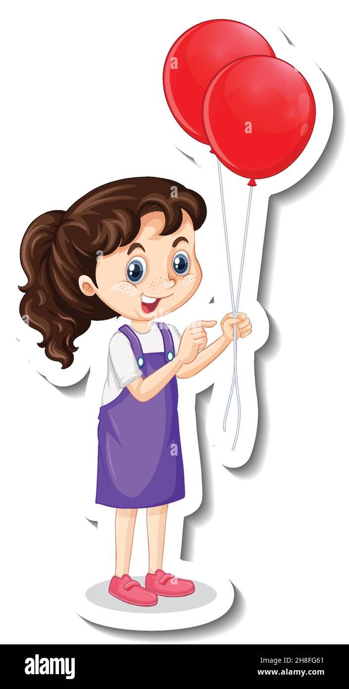 Cute girl holding balloons cartoon character sticker illustration Stock