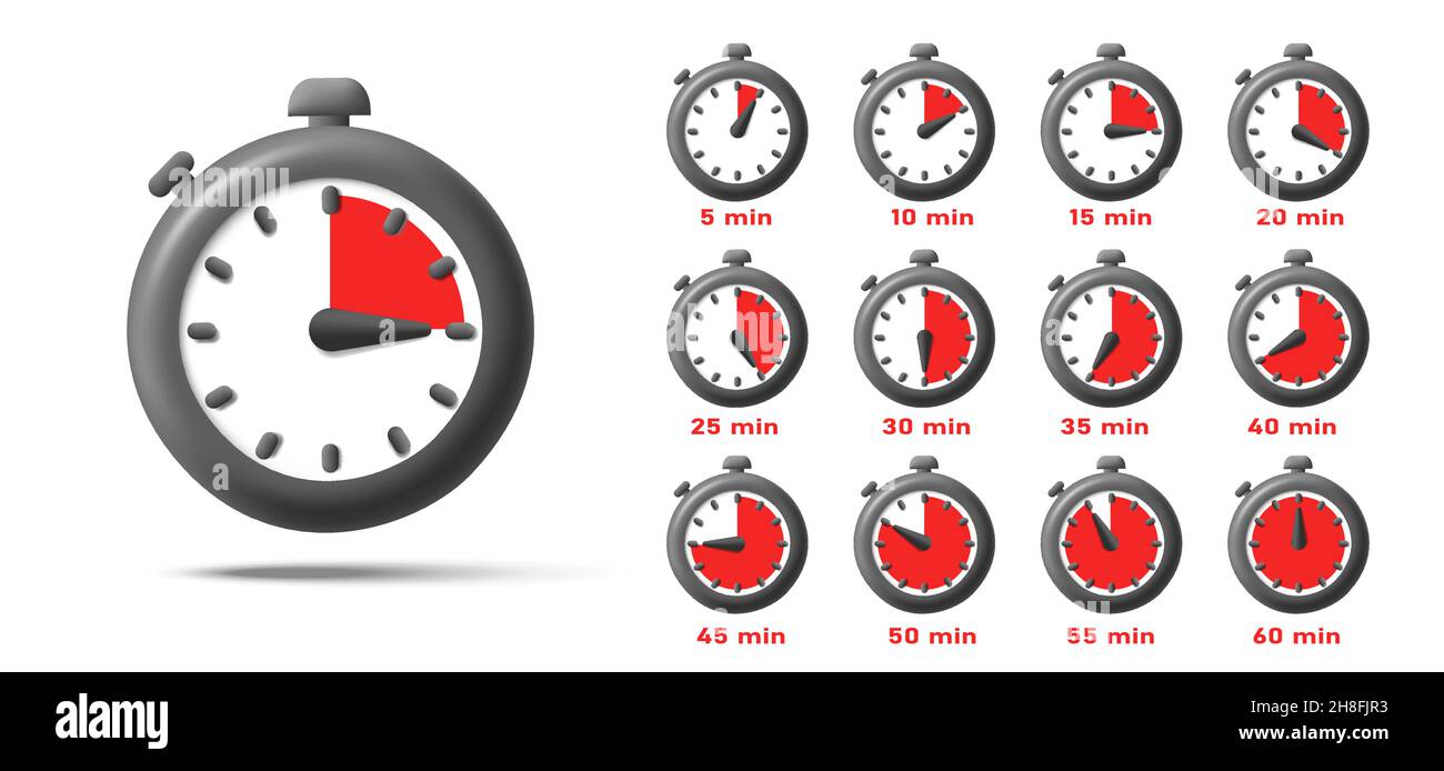 Stopwatch 3d render icon with each 5 seconds in a minute indicated with red, isolated Stock