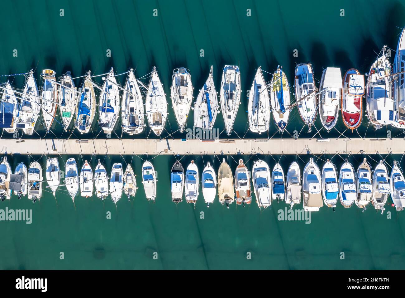 yachts and boats moored in the harbor, aerial shot, top view Stock Photo