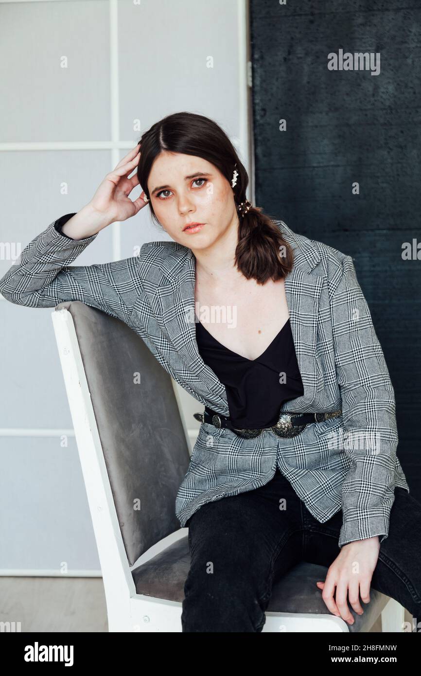 portrait of a beautiful brunette woman in a business suit Stock Photo ...
