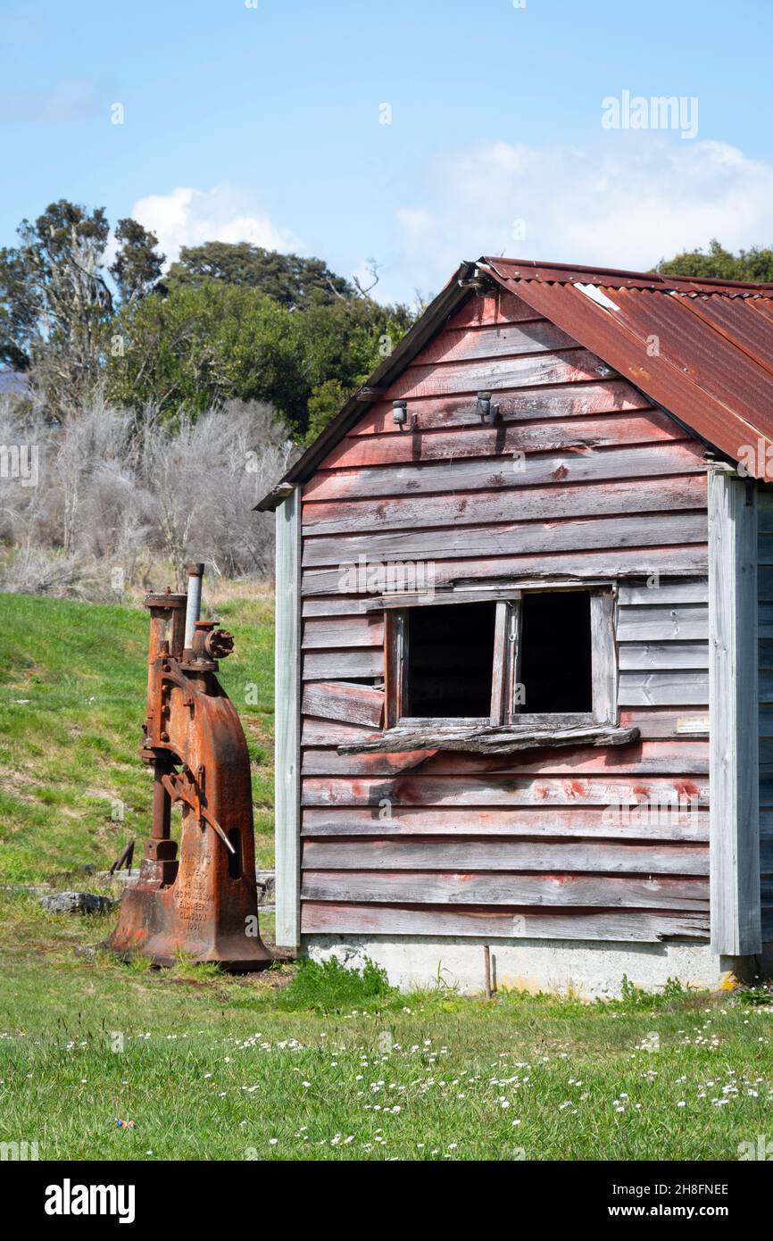 Remains of old buildings at Waiuta, historic mining town near Reefton, West Coast, South Island, New Zealand Stock Photo