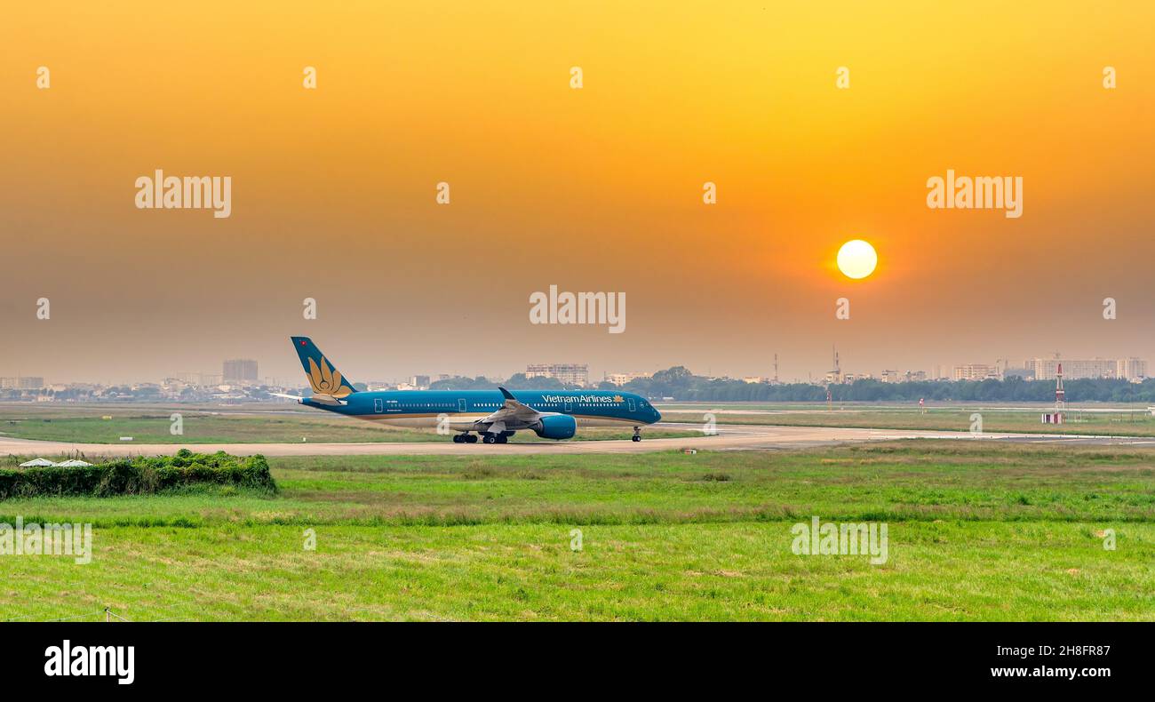 Airplane bearing number VN-A894 Airbus A350 of Vietnam Airlines prepare take off from Tan Son Nhat International Airport, Ho Chi Minh City, Vietnam Stock Photo
