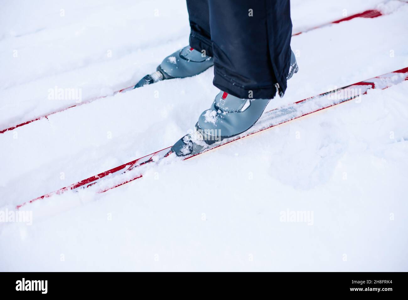 Close-up of skis and grey ski boots. Man skiing on winter snow on clear sunny day, side view Stock Photo