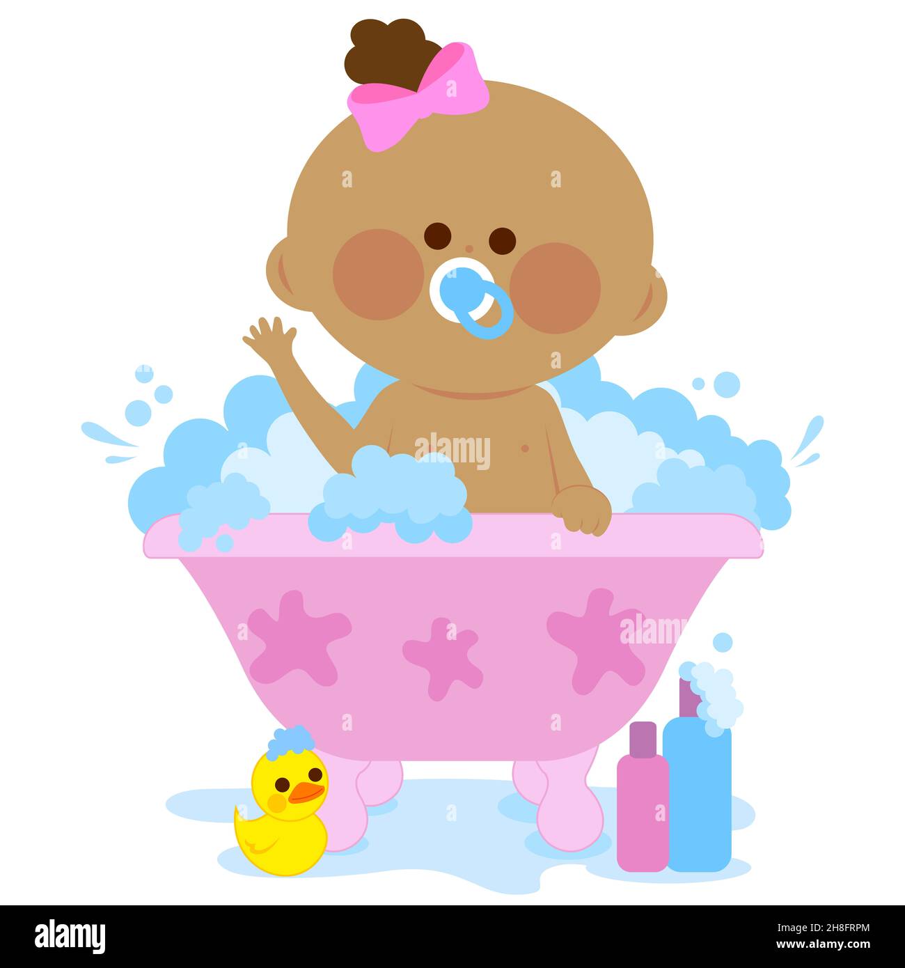 Illustration of a cute baby girl in a bath tub taking a bubble bath