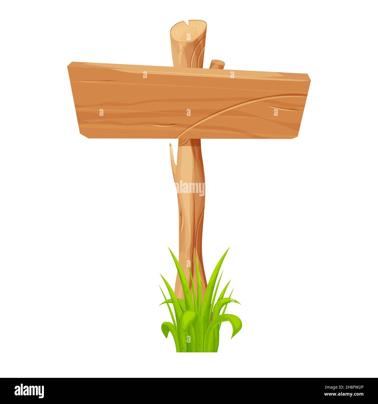 Wooden tablet, textured panel, signboard with grass in cartoon style ...