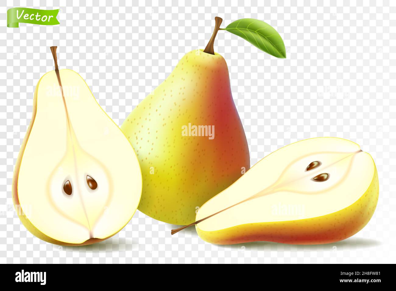 Pear whole and half for organic food Vector3d realistic, drink product design. Fresh sweet fruit full of vitamins for healthy eating, diet. Natural pr Stock Vector