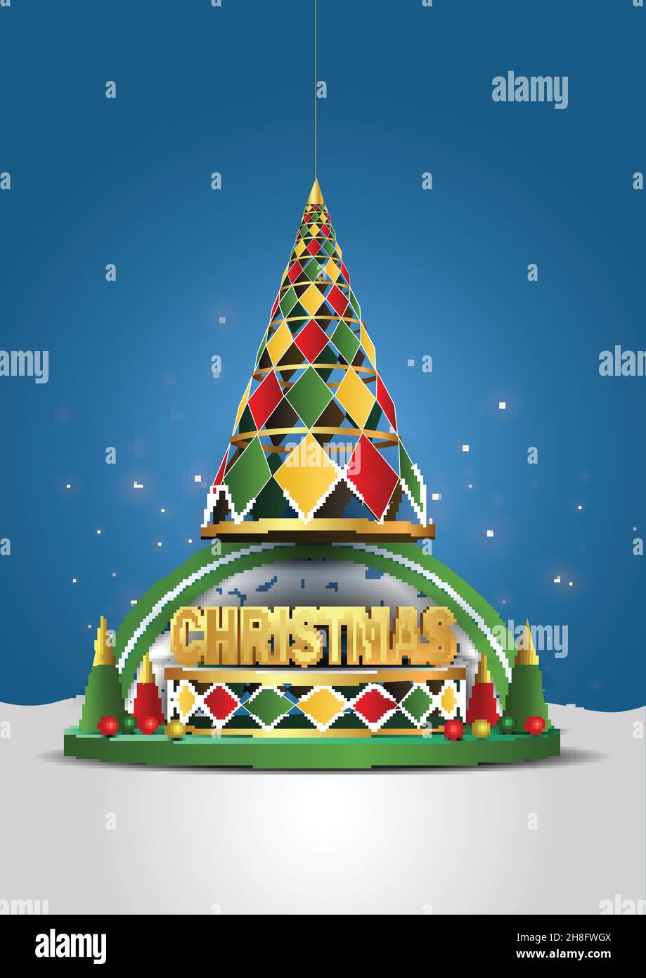 merry Christmas poster design 3d platform with Christmas elements. vector illustration Stock Vector
