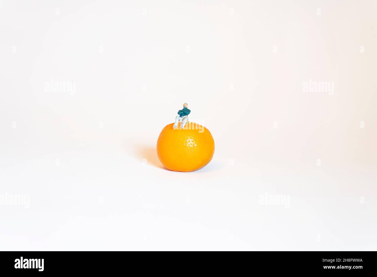 Miniature figure sitting on a miniature orange with white background. Farming is difficult in these days . Farmers have too much spend on seeds and st Stock Photo